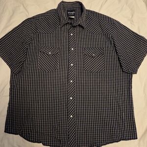 Wrangler Western Wear Shirt Pearl Snap Mens 2XL Navy Blue Plaid Short Sleeve